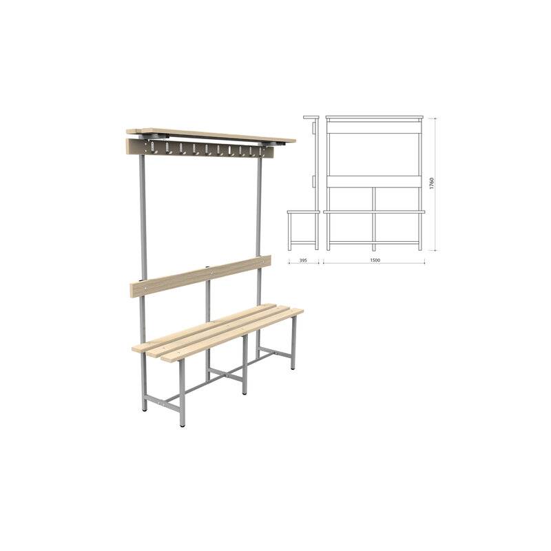 Скамья с вешалкой, спинкой и полкой "СВТ 8", 1760х1500х395 мм, 10 крючков, регулируемые опоры, каркас металлический серый, сиден главное фото